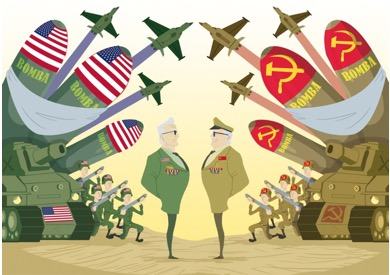 Representação da corrida armamentista com disputa de forças bélicas entre EUA e URSS.