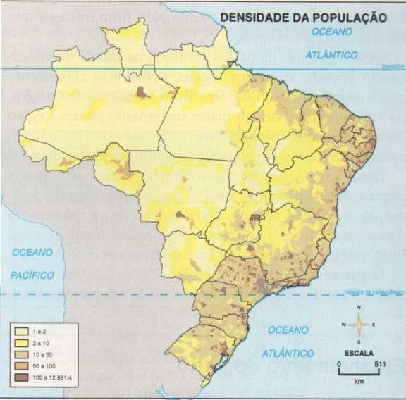 Mapa com a distribuição da população pelo terrirório brasileiro.