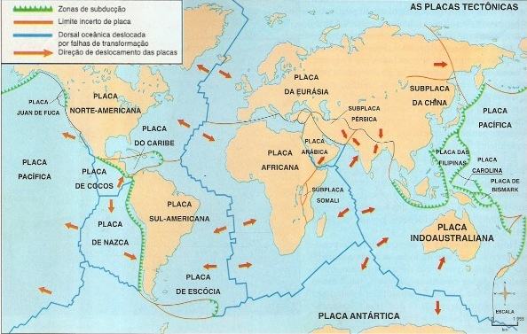 Mapa com informações sobre as placas tectônicas existentes no mundo
