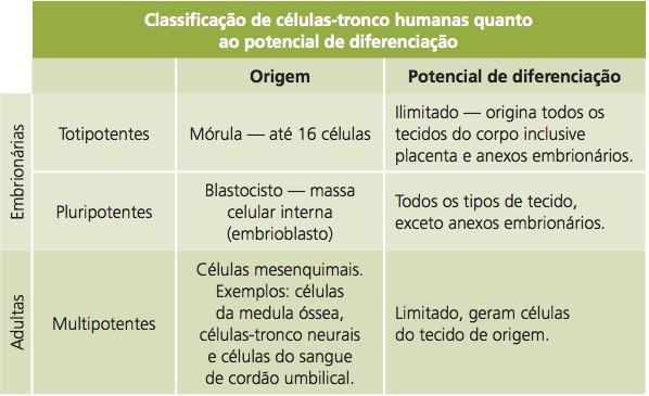 Classificação das células-tronco humanas quanto ao potencial de diferenciação.