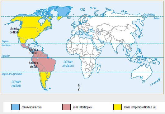 Mapa das zonas térmicas do Continente Americano.