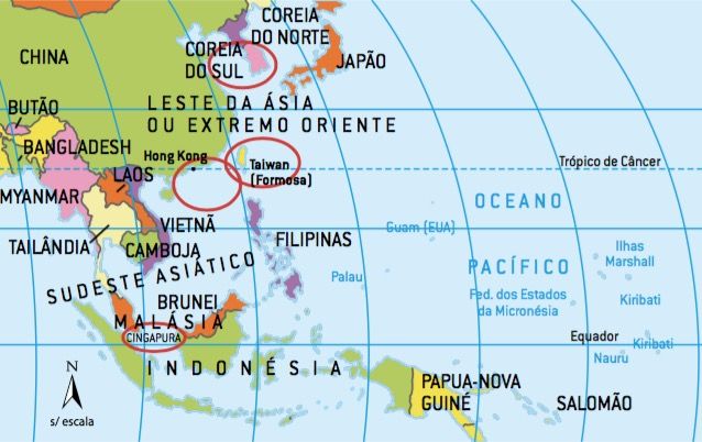 Mapa destacando os países Tigres Asiáticos.