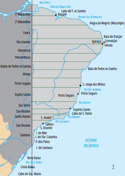 Mapa das capitanias hereditárias.