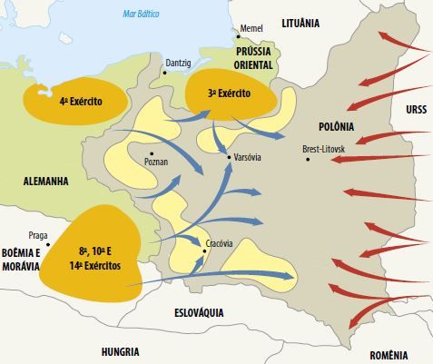 Mapa da invasão à Polônia, causa principal da Segunda Guerra Mundial.