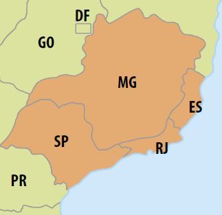 Mapa da região Sudeste.