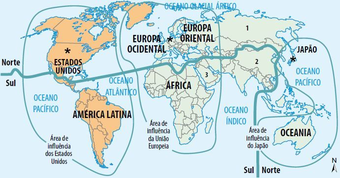 Mapa representa a divisão econômica do espaço mundial pós-Guerra fria.