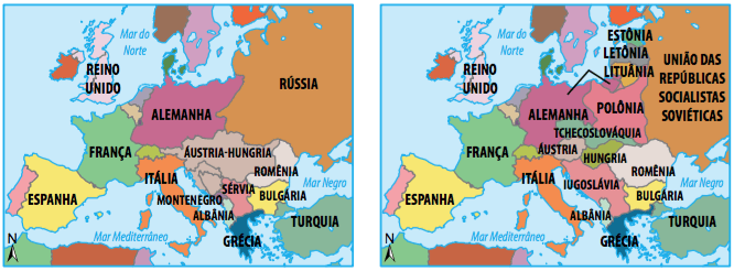 Mapa político europeu antes e após a Primeira Guerra.