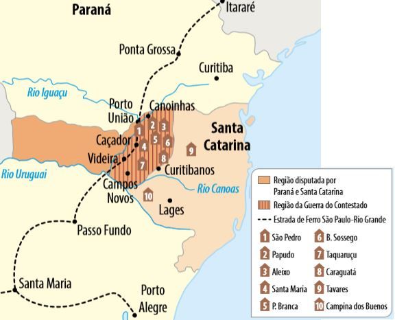 Mapa com as regiões disputadas na Guerra do Contestado.