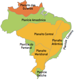 Mapa do relevo brasileiro segundo a classificação de Aroldo de Azevedo.