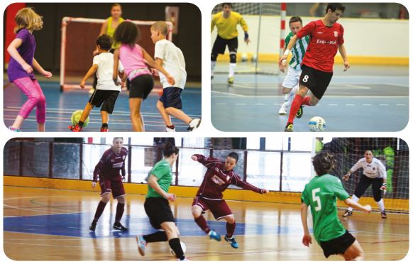 Três fotos de crianças jogando futsal.