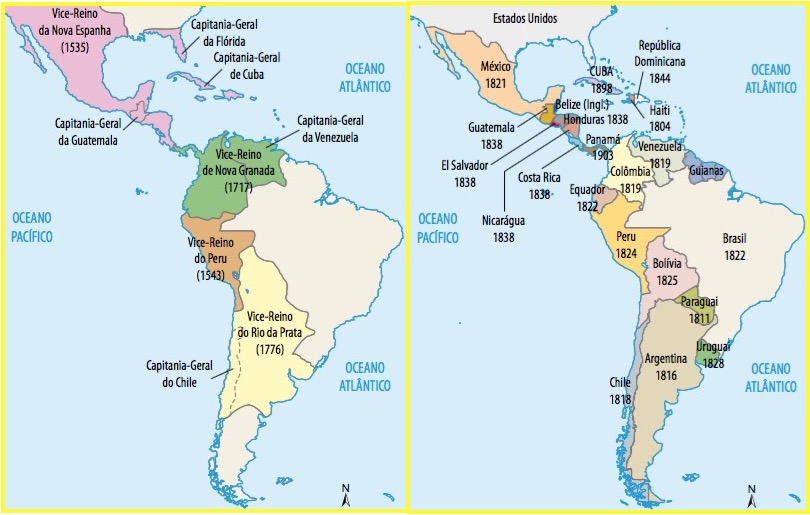 Mapas da América evidenciando o antes e o depois.