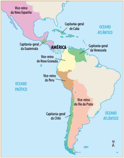 Mapa da América Espanhola com os vice-reinados e capitanias.