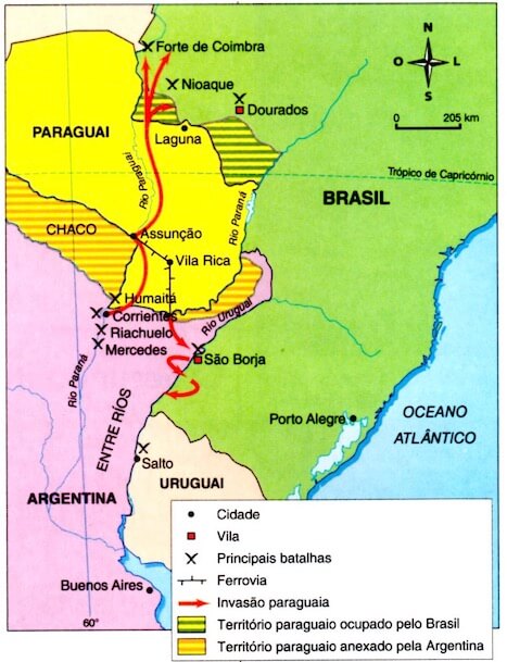 Mapa com as batalhas da Guerra do Paraguai.