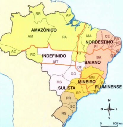 Mapa do Brasil com suas variações linguísticas.