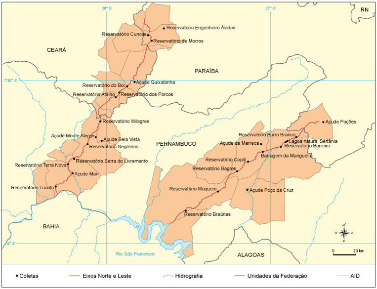 Mapa da transposição do rio São Francisco.