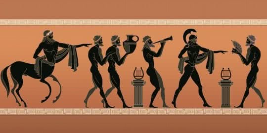 Recorte de uma pintura grega com homens e centauros idolatrando um item divino.