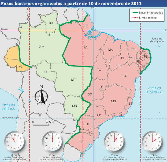 Mapa dos fusos horários do Brasil.