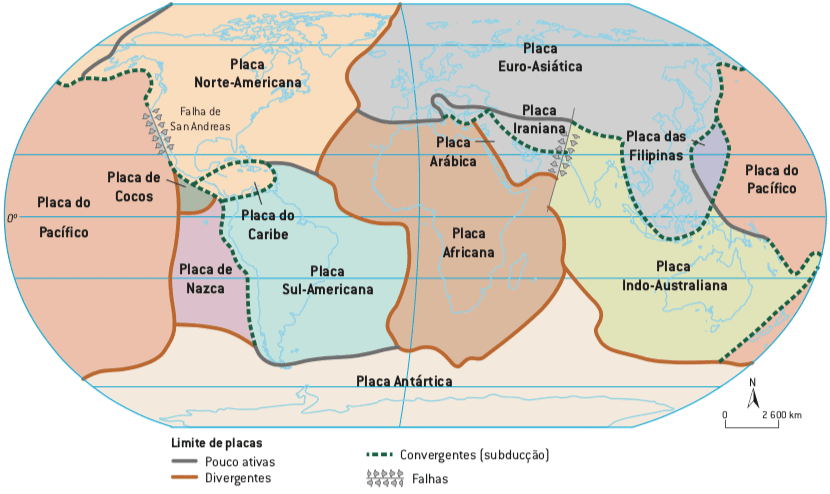 Mapa das principais placas tectônicas da Terra.