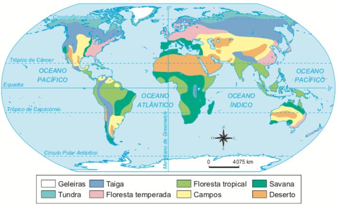 Mapa mundi com o biomas.