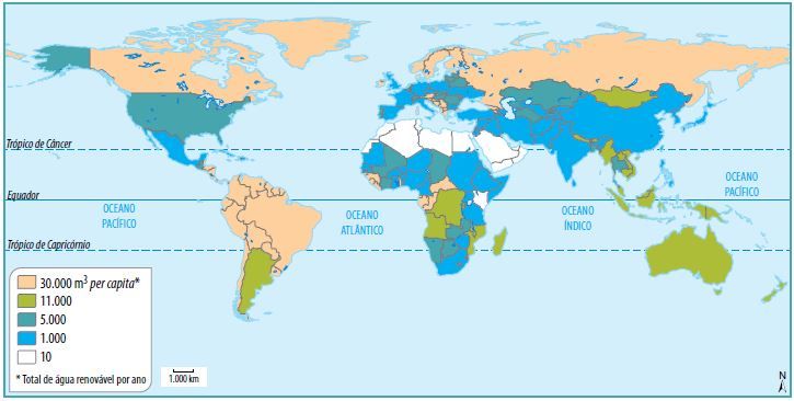 Mapa da distribuição da água no mundo.