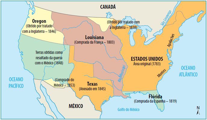 Mapa da formação territorial dos EUA.