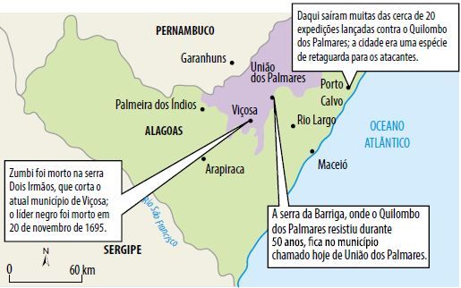 Mapa onde foi travada a Guerra dos Palmares.