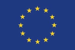 Bandeira da União Europeia, um círculo de 12 estrelas douradas em um fundo azul.