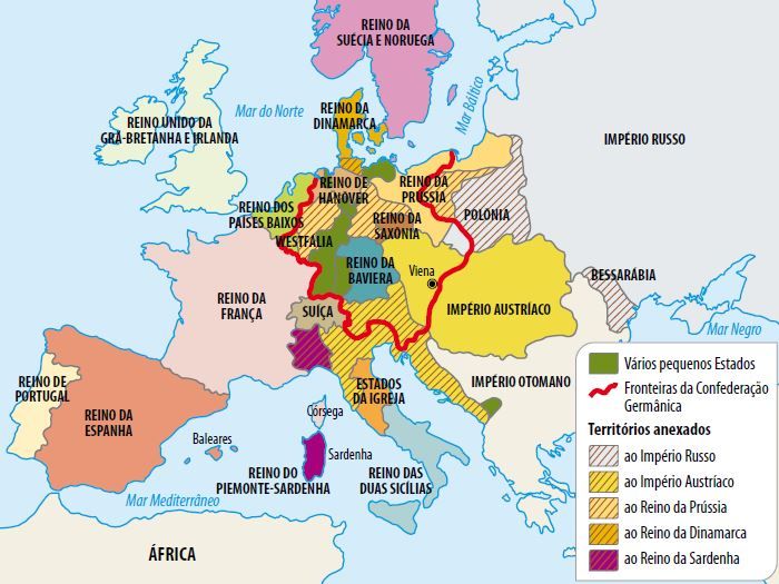 Mapa da Europa após o Congresso de Viena.
