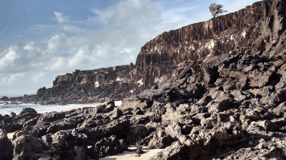 Foto das falésias com grandes paredões de pedra rentes ao mar.