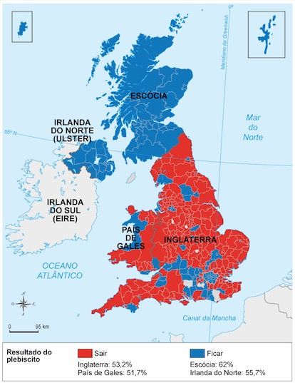 Mapa do Reino Unido e as escolhas do Brexit.