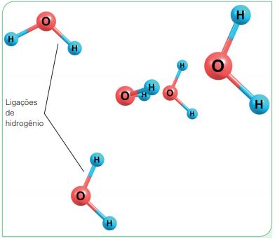 Representação de ligações de hidrogênio - propriedade de coesão da água.