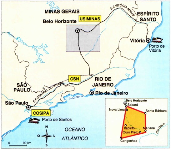 Mapa com a localização do quadrilátero ferrífero em Minas Gerais.