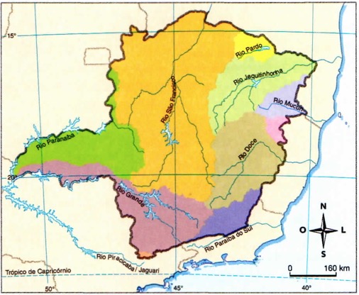 Mapa com a relação de rios de Minas Gerais.