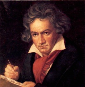 Retrato de Beethoven escrevendo uma nota musical.