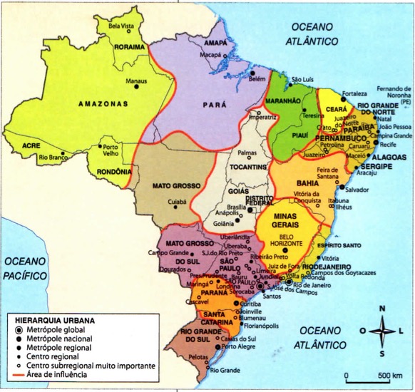 Mapa do Brasil com suas metrópoles e centros regionais.