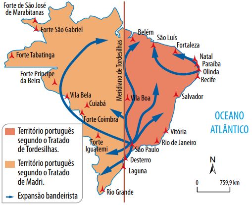 Mapa do Brasil colonial mostrando as expansões após o Tratado de Madri.