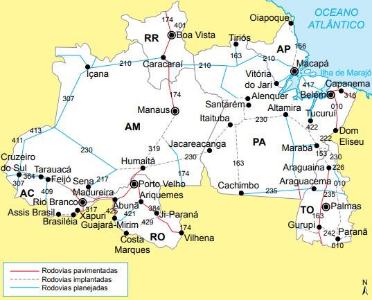 Mapa das rodovias que cortam a Amazônia.