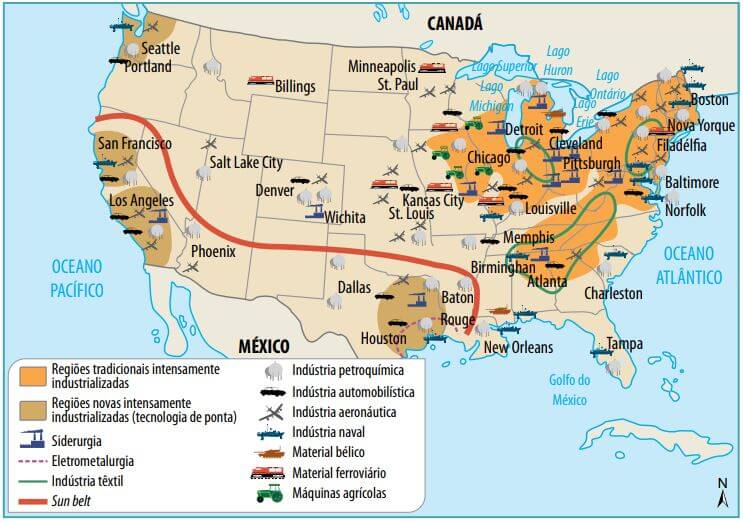 Mapa com a industrialização dos Estados Unidos.
