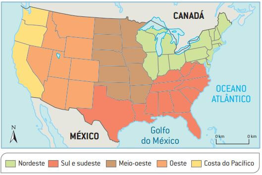 Mapa dos Estados Unidos dividido em regiões econômicas.