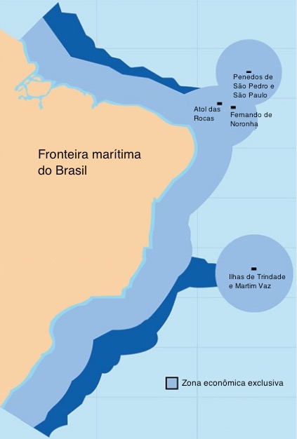 Mapa da fronteira marítima brasileira.