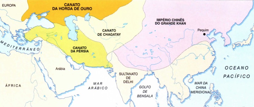 Mapa dos quatro canatos do Império Mongol.