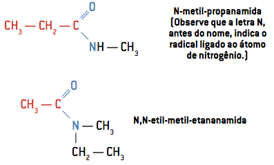 N-metil-propanamida (Observe que a letra N, antes do nome, indica o radical ligado ao átomo de nitrogênio.)