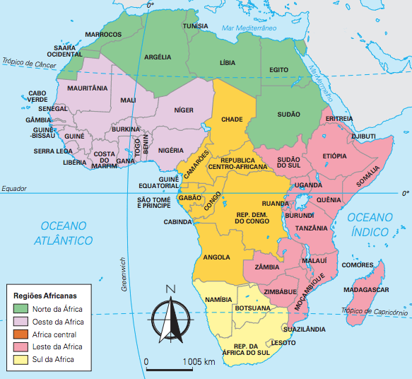 Mapa com as divisões da África.