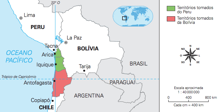 Mapa mostrando as consequências territoriais da Guerra do Pacífico.