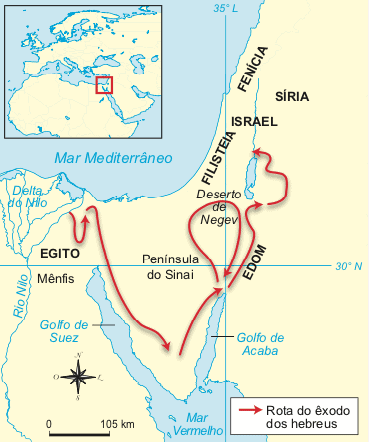 Mapa onde mostra a origem dos hebreus e sua rota.