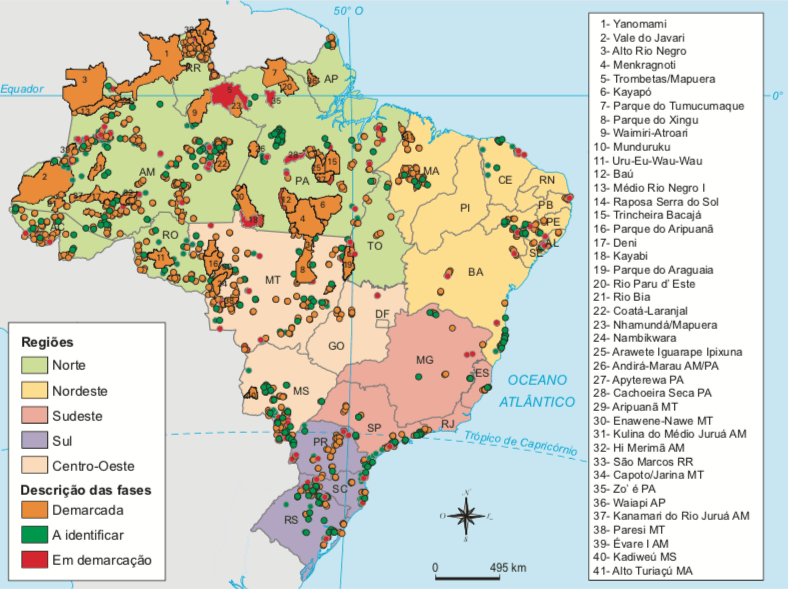 Mapa com as demarcações, extensões das terras dos povos indígenas do Brasil.