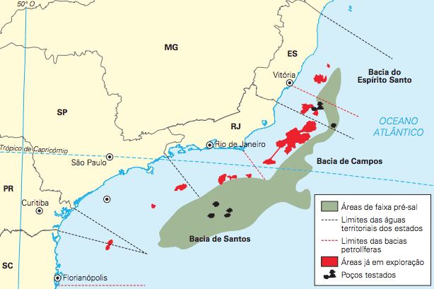 Mapa informando a localização das reservas do pré-sal brasileiro.