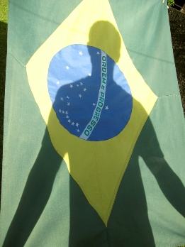 Bandeira do Brasil com a sombra de uma pessoa ao fundo.