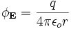 phi_mathbf{E} = frac{q} {4 pi epsilon_o r}