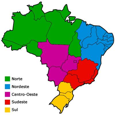 Mapa com as regiões do Brasil.